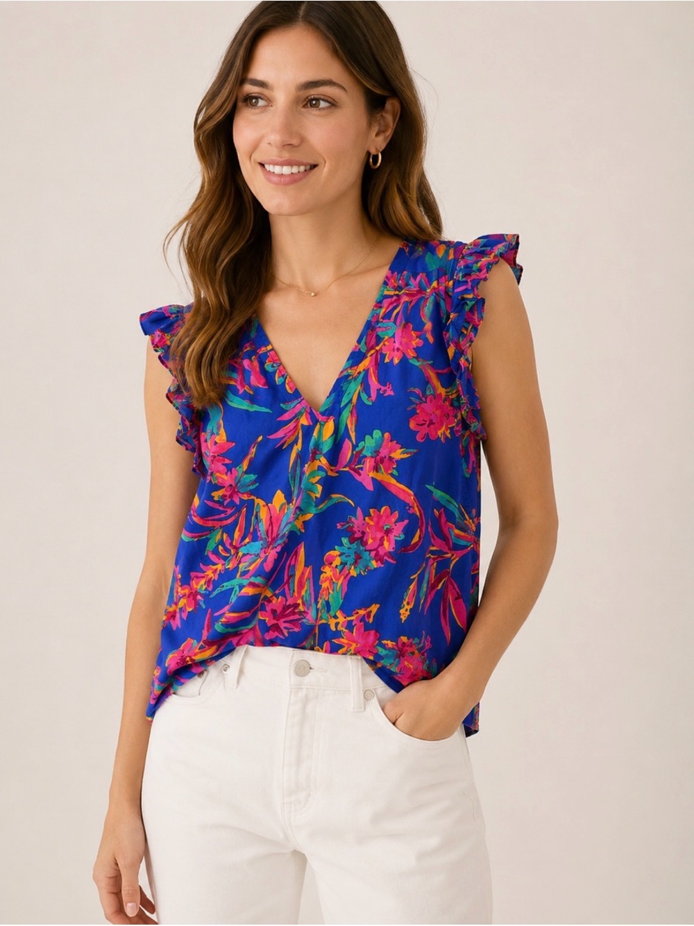 J. Crew Blue Floral V-Neck Ruffle Sleeve Camisole Size XS